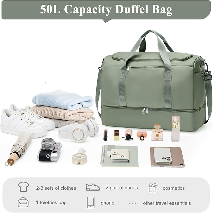 Large Duffle Bag for Travel,Carry-On Overnight Weekender Bags for Women,Travel Duffel Bag,Green