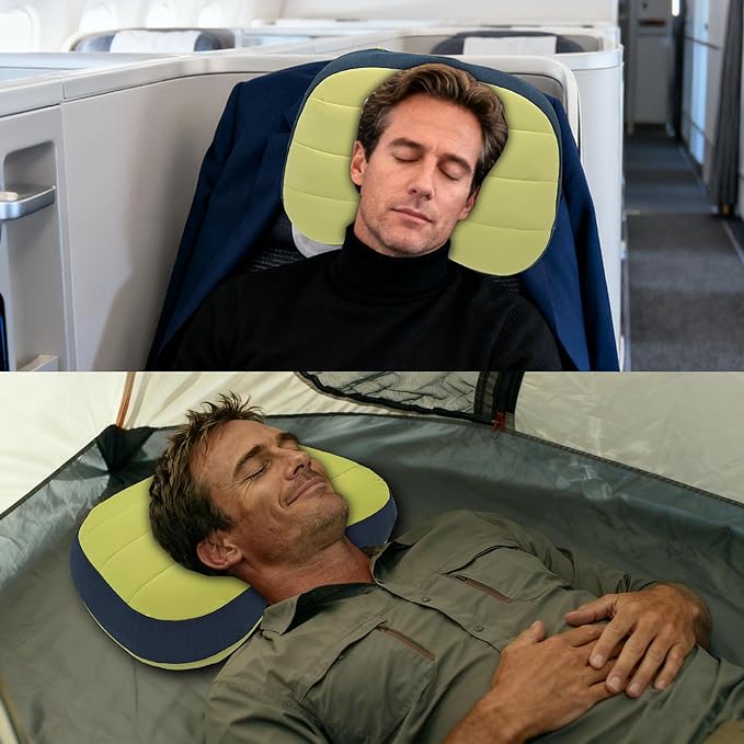 Inflatable Travel Camping Pillow - Ultralight, Portable, Removable, Double Cotton Cover Pillow for Neck Support with Storage Bag for Camping, Traveling, Backpacking, Hiking