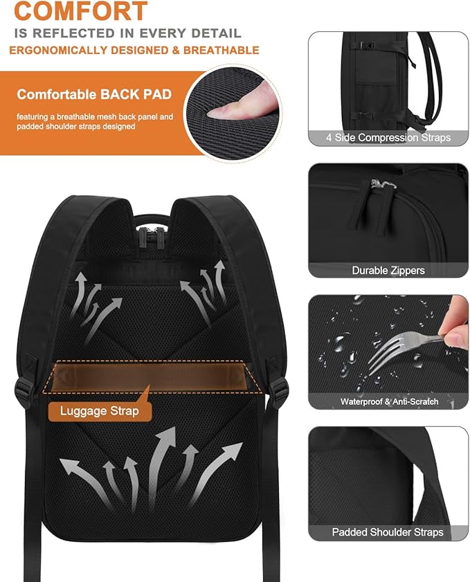Capolo Travel Backpack for Women Men Waterproof Laptop Backpack Airlines Approved Carry On Backpack Bag Computer Bookbag for Business, Work, Traveling Fits 17 Inch Laptop(Black Zipper)