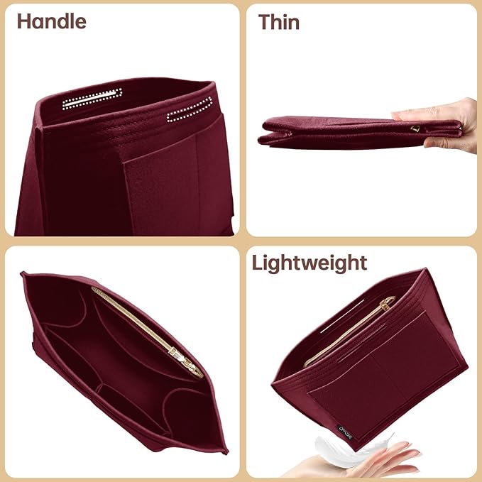 OPPOSHE Purse Organizer Insert for Longchamp Le Pliage, Premium Felt Long Champ Bag Handbag Women, Tote Organizer Insert with 9 Compartments (Medium, Dark Red)