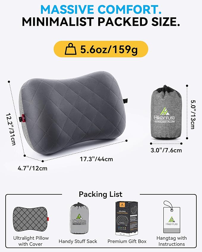 Hikenture Camping Pillow with Removable Cover - Ultralight Inflatable Pillow for Neck Lumbar Support - Upgrade Backpacking Pillow - Washable Travel Air Pillows for Camping, Hiking, Backpacking