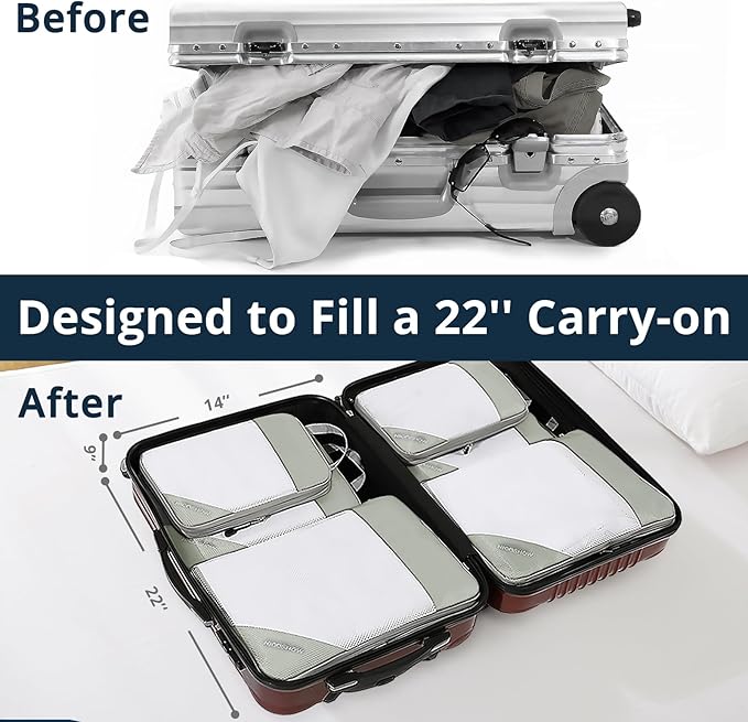 Compression Packing Cubes 6 Set, Compressible Space-Saving Packing Cubes for Travel - Compression Bags, Luggage Organizer, Travel Essentials for Women, Light Grey