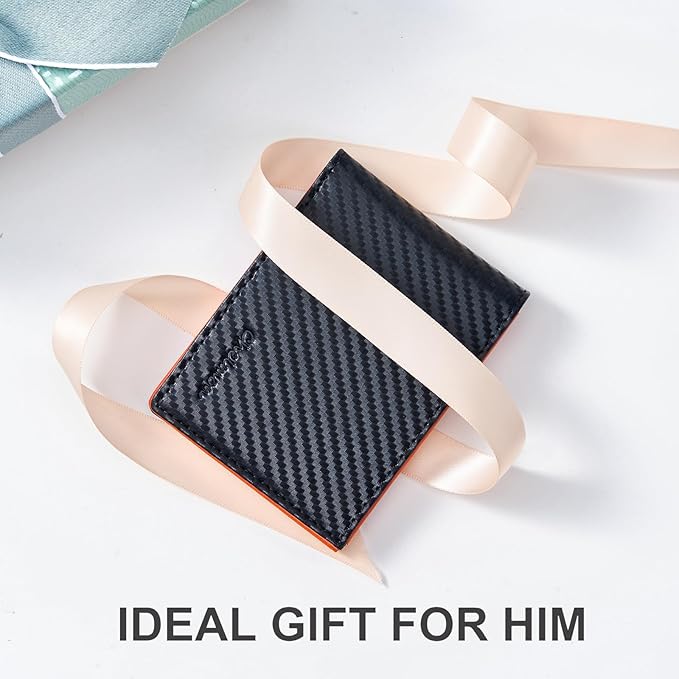 Chelmon Slim Wallet for Men ID Window with RFID Blocking Front Pocket Minimalist Bifold Bussiness Card Holder Gift for Men, Carbon Black & Orange