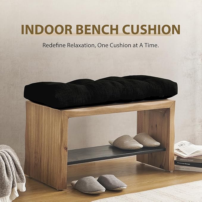 downluxe Indoor Bench Cushion for Indoor Furniture, Non-Slip Tufted Overstuffed Textured Foam Bench Seat Cushion, 42" X 16" X 4", Black, 1 Pack