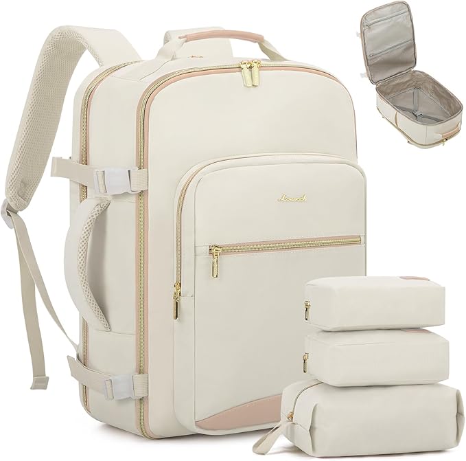 LOVEVOOK Travel Backpack for Women & Men 40L,Airline Approved Carry On Backpack Travel Essential,TSA Carry on Luggage,Waterproof Personal Item Travel Bag,Suitcase with 3 Packing Cube,Beige-Flesh beige