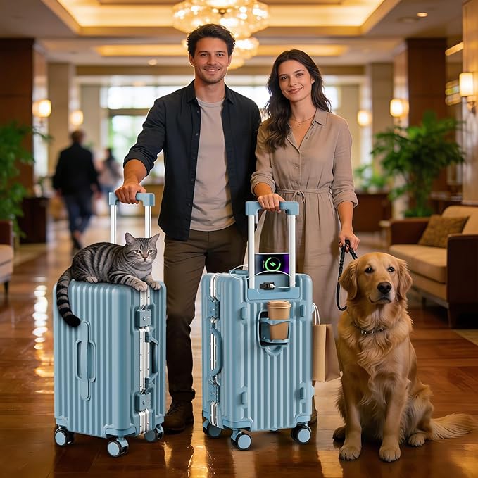 20 Inch Carry On Luggage, Aluminum Frame Zipperless Luggage, Hard Shell Suitcase with Charging Port, Cup Holder, TSA Lock, Phone Holder for Travel and Business Travel