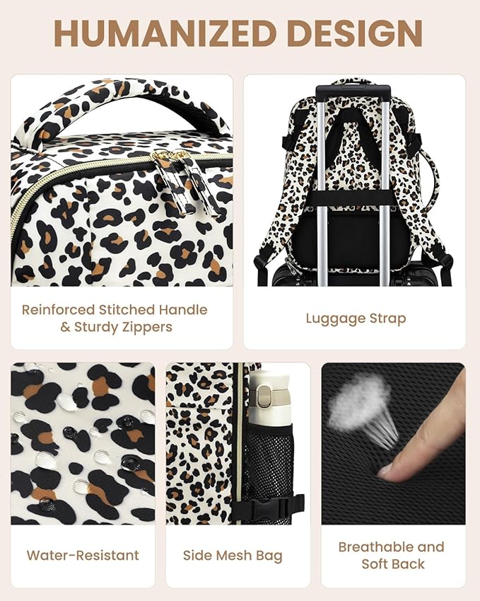 Pritent Travel Backpack for Women Man, Waterproof Personal Item Travel Bag Airline Approved Laptop Backpack Bookbag Weekender bags for Business,Travel, Work Fits 15.6 inch Laptop(Medium,Leopard)