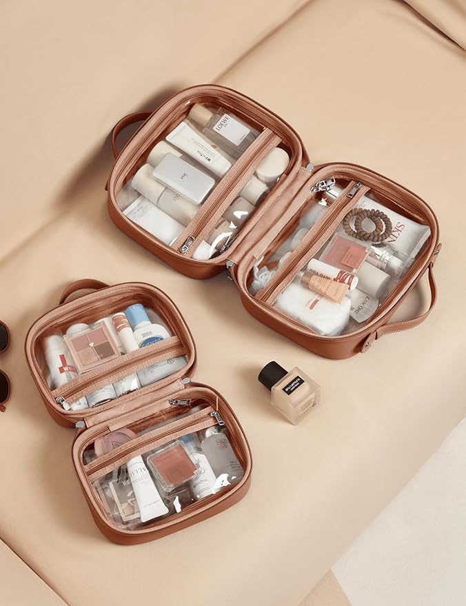 Clear Cosmetic Bag Double Layer Travel Toiletry Bag Clear Makeup Bag Case with 4 Compartments, Transparent Travel Bag for Toiletries, Large Toiletry Bag for Women Cosmetic Case (Brown, Large)