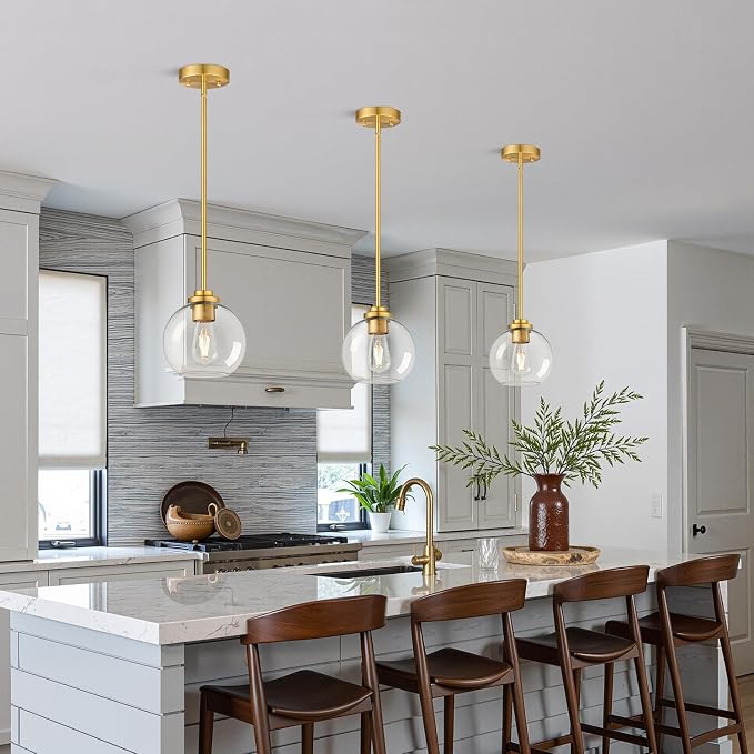2 Pack Gold Globe Pendant Lights, Mid Century Gold Pendant Light Fixtures, Globe Pendant Lights Kitchen Island with Clear Glass Shade Adjustable Hanging Fixture for Dining Room (Bulbs not Included)