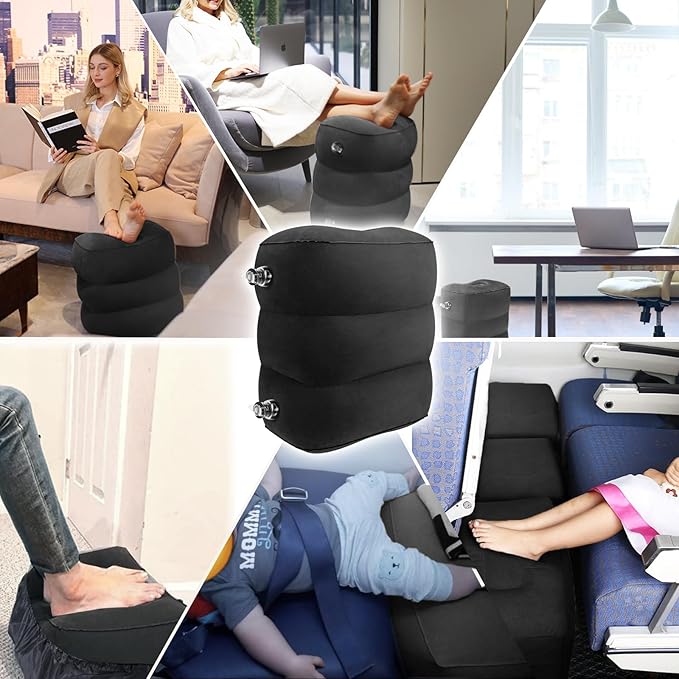 HOMCA Inflatable Travel Foot Rest Pillow (1-Pack) Adjustable Height Leg Pillow Fast Inflating Airplane Bed for Toddlers Footrest Pillow for Office, Airplane, Train, Cars, Home (Black)