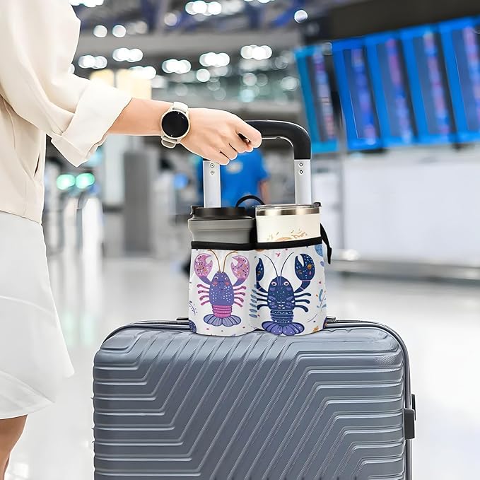 Blue Lobster and Seaweeds Luggage Cup Holder Travel Portable Free Hand Drink Carrier Suitcase Drinks Beverage Holder Carry-On Bottle Mug Holder Organizer Bag Travelers Accessories