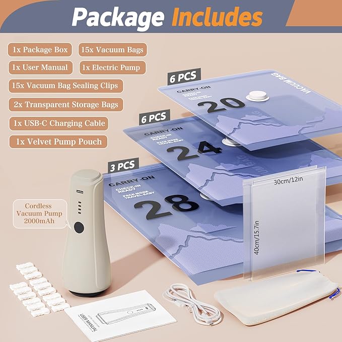 QcoQce Wireless Vacuum Storage Bags with Pump, 17-Pack (3 L/6 M/6 S/2 Bonus),Space Saving Bags for Travel, Moving & Home Organization,Compression Packing Cubes for Suitcase, Closet & Cruise Must Haves