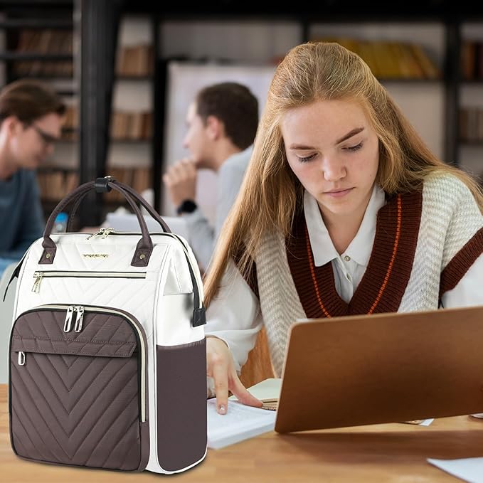 VANKEAN 17 Inch Laptop Backpack for Women Men Fashion Computer Work Bag, Large Capacity Waterproof Backpack with USB Port & RFID Pockets, College Daypack Business Travel, Beige-Coffee