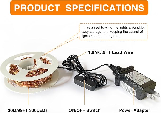 Fairy Lights Plug in,99ft 300 LEDs Christmas Lights Indoor Outdoor Warm White Copper Wire,Long Led Fairy String Lights for Bedroom Party Wedding Patio Yard Christmas Tree Decoration
