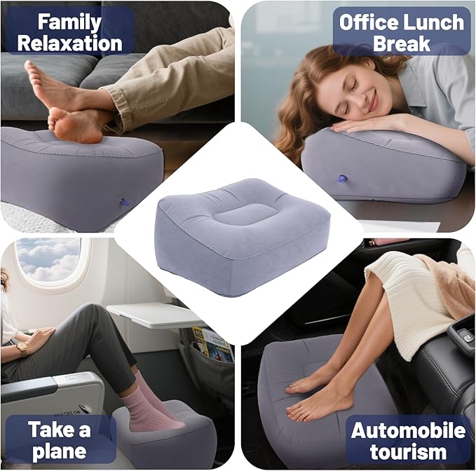 Inflatable Foot Rest Pillow for Air Travel, Airplane Foot Rest Pillow, Adjustable Height Leg Pillow Airplane Bed for Kids Toddler Suitable for Plane, Car, Train (Gray) 2count