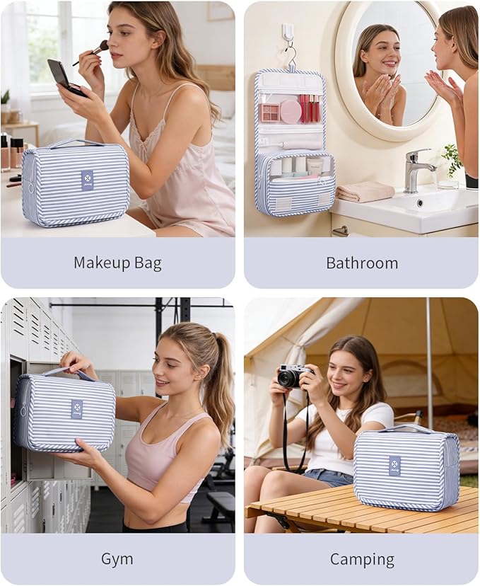 Narwey Small Hanging Toiletry Bag for Travel Women Girl, Striped Toiletries Travel Bag with Hook, Hanging Makeup Bag Organizer Make Up Cosmetic Bags (Greyish Blue Stripe)