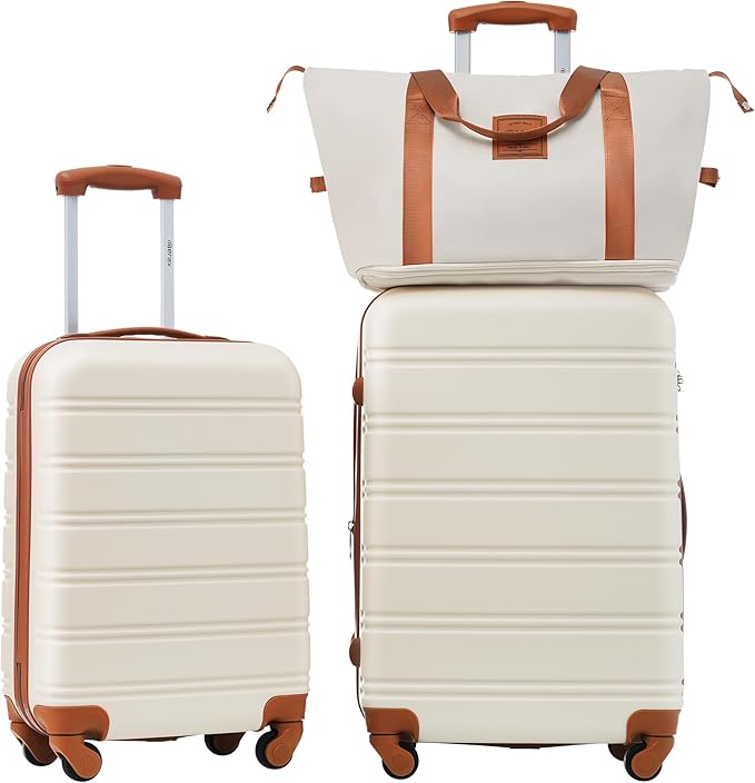 Merax Luggage Sets 2 Piece Suitcase Set 20/24 IN,Carry on Luggage and Travel Bag TSA Lock Expandable,Hard Case Luggage with Spinner Wheels,White and Brown