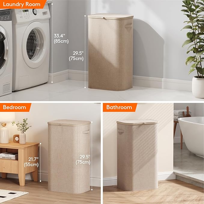 Lifewit 105L Large Laundry Basket with Lid, Laundry Hamper with Plastic Handles and Removable Bag, Foldable Tall Dirty Clothes Hampers for Laundry for Laundry Room, Bedroom, Bathroom, Dorm, Beige
