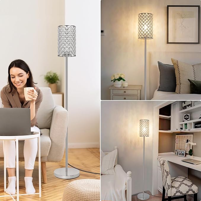 Crystal Floor Lamp, Silver Tall Pole Lamp with On/Off Foot Switch | Modern Standing Lamp with Elegant Shade, Decorative Accent Lights for Living room Girl Bedroom Dresser Office, E26 Base
