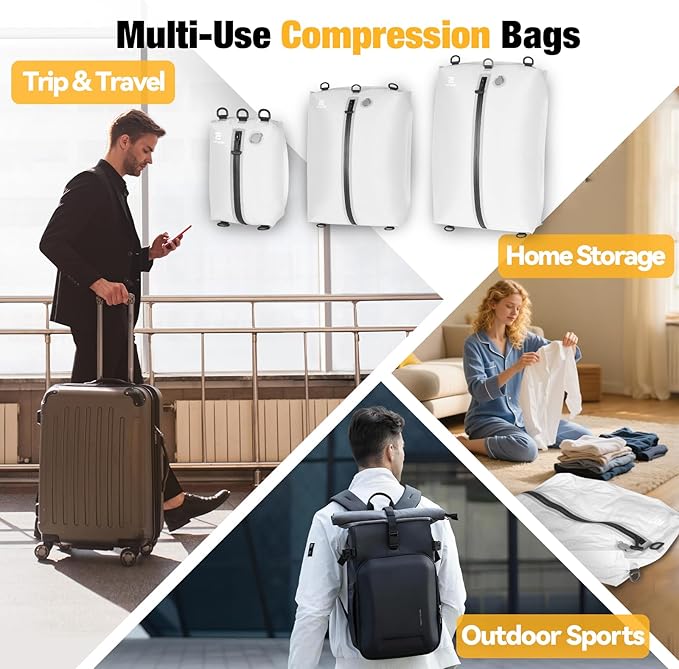 3 Pack Vacuum Bags for Travel with Pump, 3-Size Set Reusable Vacuum Compression Bags for Luggage, Space Saver IP67 Waterproof Vacuum Packing Cubes for Suitcase&Backpack, White