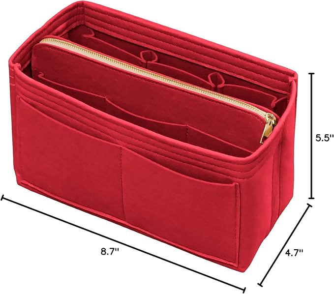 DailyPlus Purse Organizer Insert with Zipper Felt Bag Organizer Handbag Organizer Insert Bag in Bag Organizer with Key Chain for Tote Purse Bag Red Small