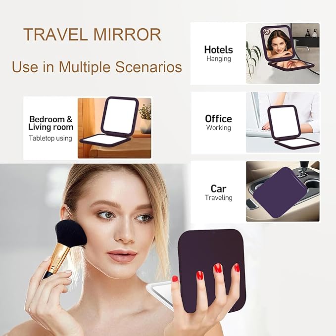 CYHTSHFZ Small Compact Mirror for Purse,5X/1X Travel Magnifying Mirror for Women, Makeup Mirror for Girls, Portable Ultra Slim Pocket Mirror(Purple)