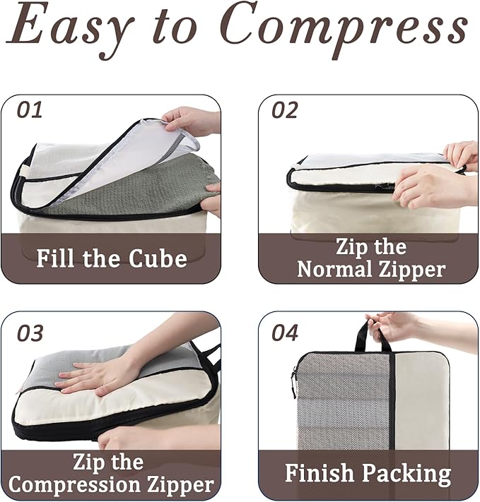 U+U 4 Set Compression Packing Cubes - Ultralight Cream Travel Organizers, Space-Saving Suitcase Organizer, Expandable Packing Cubes for Travel and Family Vacation (Cream)