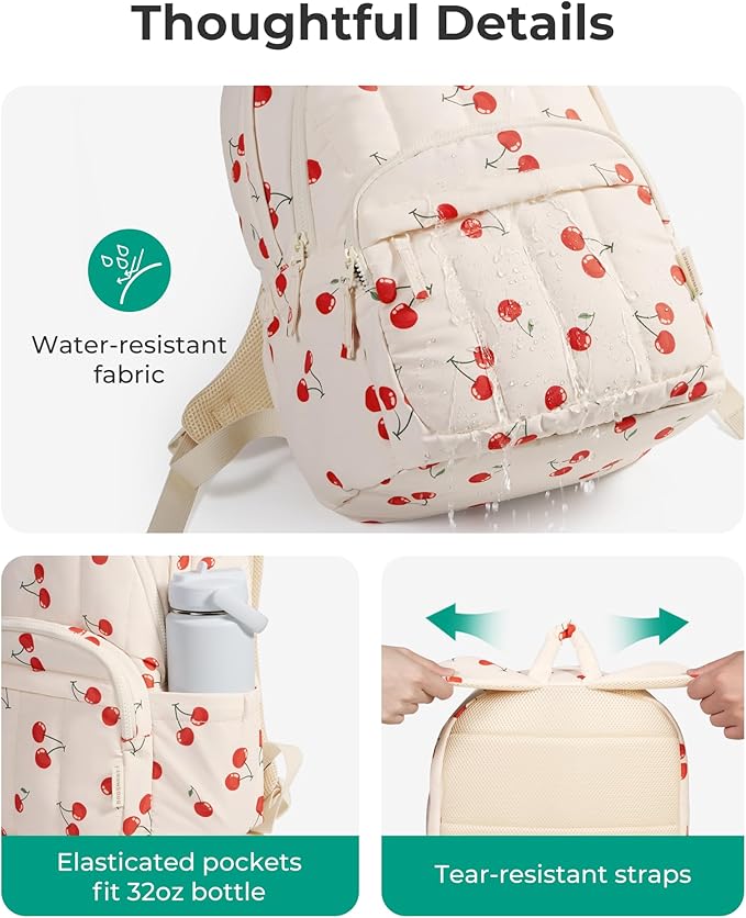 BAGSMAT Womens Backpack Small Travel Laptop Backpack for Women, Quilted College Laptop Bookbag, Work Back Pack for Women, Cute Computer Water-Resistant Casual Daypack,Strawberry Print
