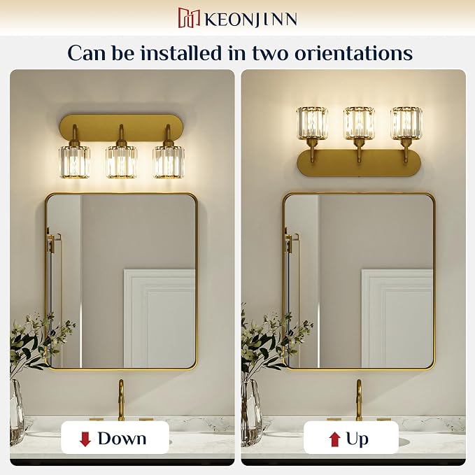 Keonjinn 6-Light Gold Crystal Bathroom Light Fixtures Over Mirror | Vanity Lighting Fixture with Crystal Square Shades, Dimmable, Modern Style, Compatible with E26 Base LED Bulbs (Exclude Bulb)