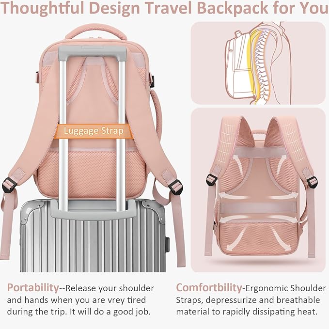 Carry on Backpack for Women TSA Approved 15.6 Inch Travel Laptop Backpack for Women Travel Essentials Womens Travel Backpack Suitcase Pink