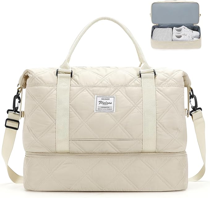 Weekender Bags for Women,Personal Item Travel Bag with Shoes Compartment,Overnight Travel Duffel Bag with Toiletry Bag,Quilted Beige