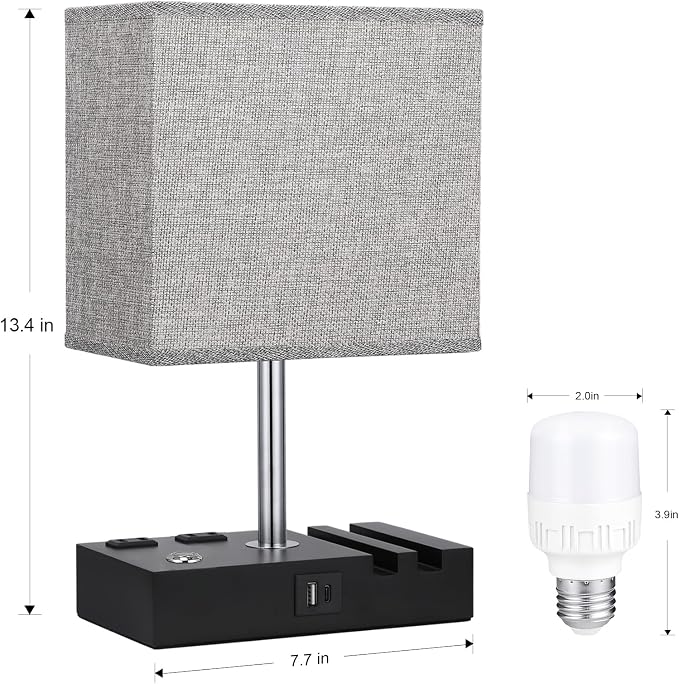 Touch Bedside Table Lamp for Bedroom, 3-Way Dimmable, USB C+A, 2 AC Outlets | Base Touch Button Only, USB C+A Ports, 2 Phone Stands, LED Bulbs Included, Rectangle Grey Lampshade, for Living Room, Desk