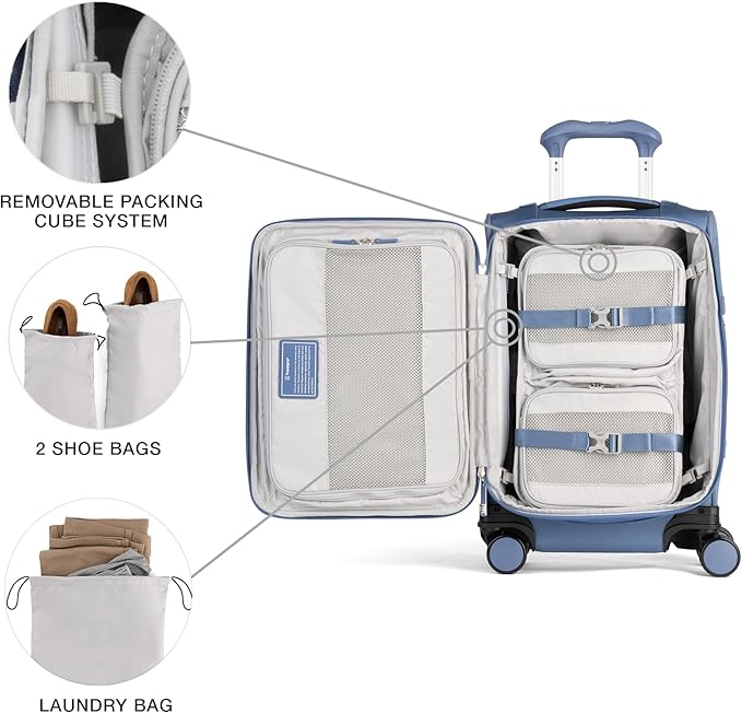 Travelpro VersaPack+ Lightweight Softside Expandable Carry on Luggage, 8 Spinner Suitcase, TSA Lock, Men and Women, Compact Carry On 20-Inch, Elemental Blue