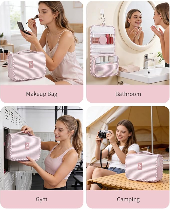 Narwey Small Hanging Toiletry Bag for Travel Women Girl, Striped Toiletries Travel Bag with Hook, Hanging Makeup Bag Organizer Make Up Cosmetic Bags (Dusty Pink Stripe)