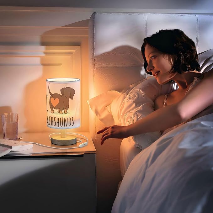 Table Lamp Cute Dachshund Dog I Love Dachshunds Heart Butt Nightstand Lamp with Wood Base Fabric Lamp Shade Bedside Desk Lamp for Living Room Bedroom Kids Room Office