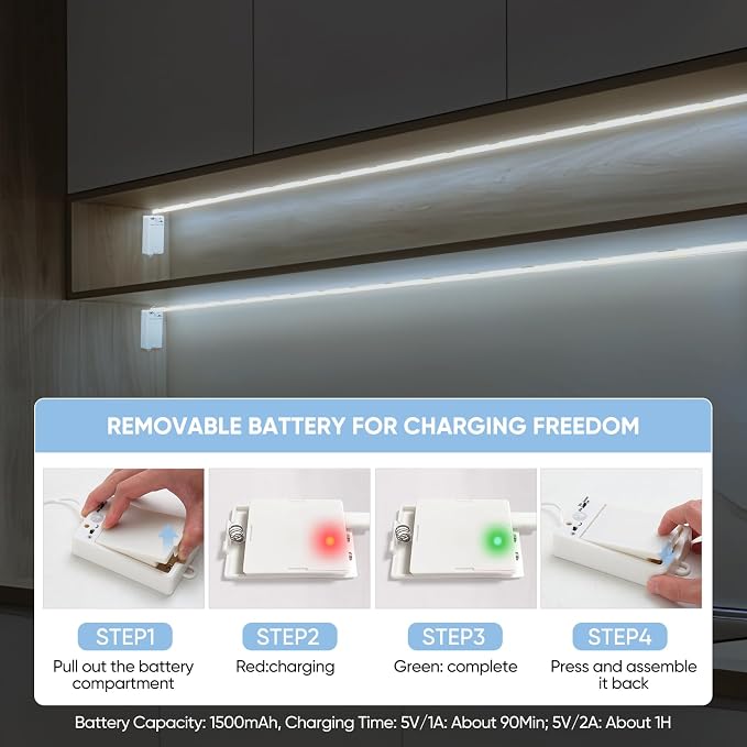 OMIKA COB Motion Sensor LED Strip Light, 6.56ft 640LEDs Closet Lights, Rechargeable Battery Operated Stair Strip Lights for Bed, Pantry, Shelves, Cabinet, Locker, 6000K Cool White, 2 Pack