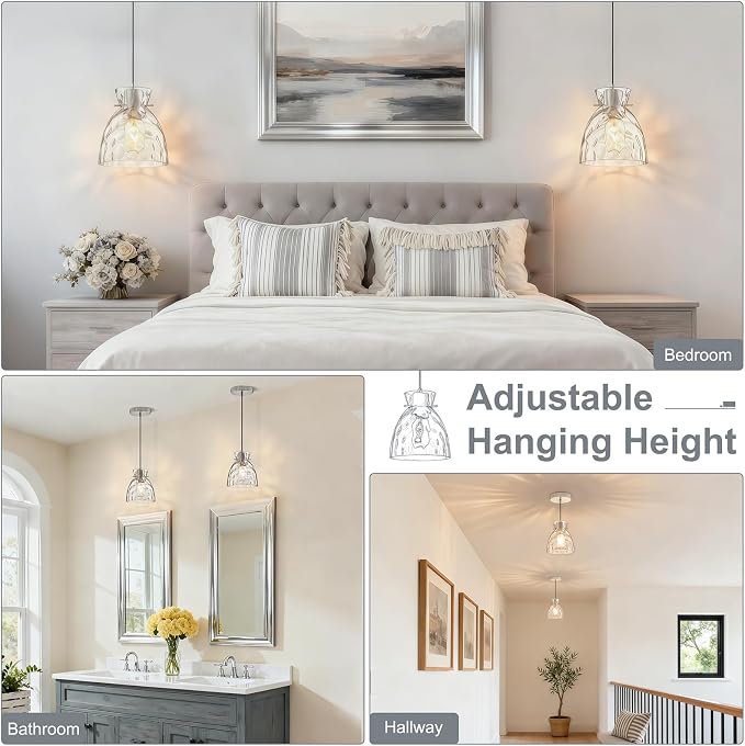 5.9" Mini Hammered Glass Pendant Lights Kitchen Island Brushed Nickel E26 | 4mm Thick Glass, 59" Adjustable Cord, Sloped Ceiling, Nickel Small Island Lights for Kitchen Pendant Lighting over Island