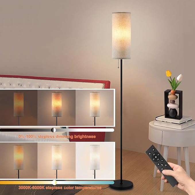 Floor Lamp for Living Room, Modern Standing Lamps with Lampshade, Minimalist Tall Lamp with Chain Switch for Living Room, LED Bulb Included (Beige Shade-Remote Bulb)