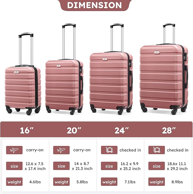 Suitour 4 Piece Luggage Sets, Hard Shell Suitcase Set with Spinner Wheels 16 20 24 28inch Travel Sets(Rose Gold)