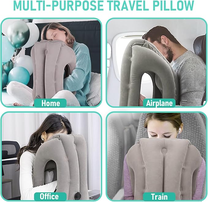 Inflatable Travel Pillow for Airplanes, Airplane Pillow for Long Flight Comfortably Supports, Used for Planes, Trains, Cars, Includes Storage Bag, Eye Mask & Earplugs (Grey)