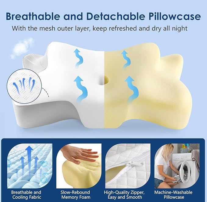 Cervical Neck Pillow for Neck Pain Relief, Ergonomic Memory Foam Contour Pillow for Sleeping, Cooling Butterfly Pillow for Back,Side,Stomach Sleepers, Orthopedic Bed Pillow for Neck Support(White)
