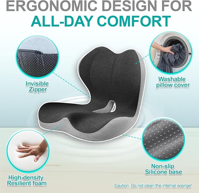 Seat Cushion for Office Chair, Car and Wheelchair Use, with Lumbar Support Pillow and Memory Foam Coccyx Cushion for Tailbone, Back, Sciatica, Ergonomic seat Cushion