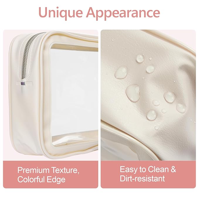F-color TSA Approved Toiletry Bag 3 Pack Medium - Clear Makeup Bag Travel Quart Size for Women Men, Clear Cosmetic Bag Airport Airline Compliant Carry on Bag, Beige