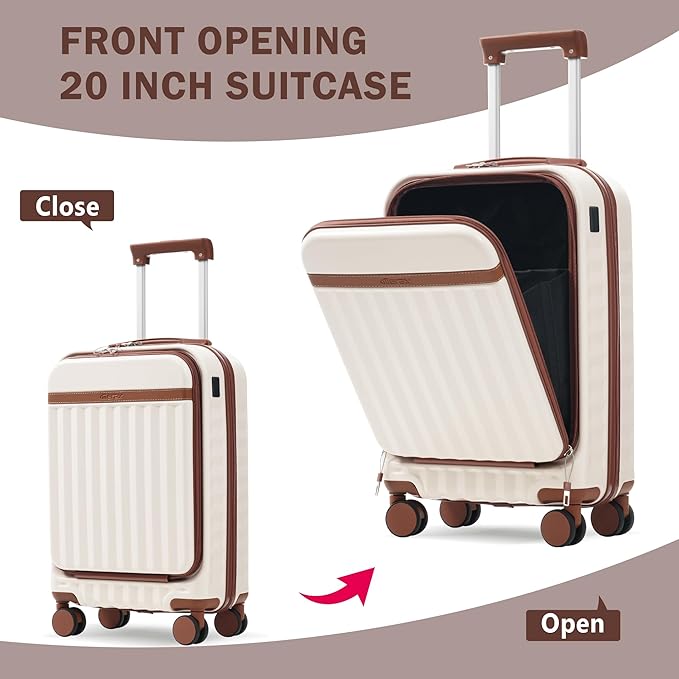 Merax Luggage Sets 3 Piece,Front Open Hardshell Expandable Suitcase with Spinner Wheels and Duffel Bags,Lightweight Carry on Luggage with USB Port,20/24IN,White and Brown