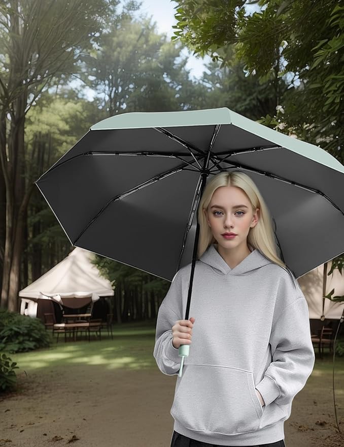 French Style Travel Compact Folding Umbrella with 7CM(2.76in) Hook and Loop Strips/8Ribs/Lightweight Portable/Auto Open Close/UV Protection/UPF 50/Parasol/Waterproof/Rain Sun/Backpack/Car/Women Kid