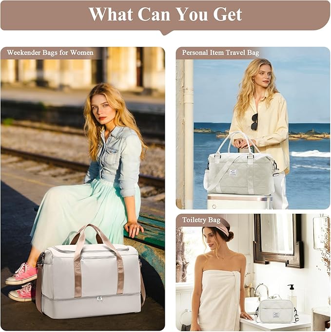 Extra Large Travel Duffle Bag,Carry on Overnight Bag with Shoes Compartment,Weekender Bags for Women for Travel Business Trips Sport Hospital,3 Pcs Set,Beige & Brown