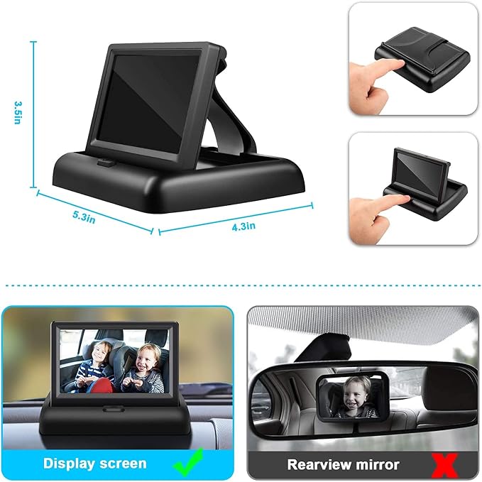 Baby Car Mirror with 4.3'' HD Night Vision Function Display, Safety Car Seat Camera with Wide Crystal Clear View, Easily Observe The Baby’s Move(Not USB)