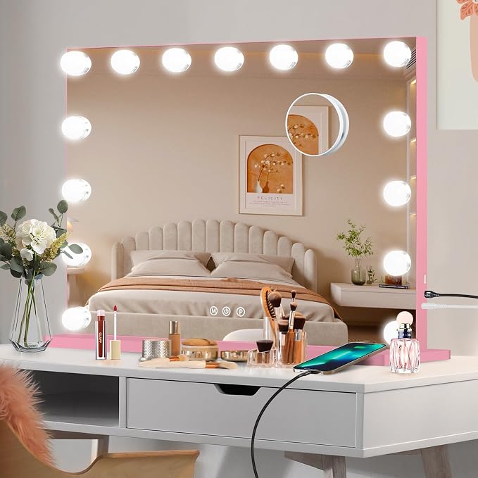 Moonee Vanity Mirror with Lights, Pink Hollywood Lighted Makeup Mirror with 15 Dimmable Bulbs and 10X Magnification, 3 Colors Modes, Aluminum Metal Frame, Light Up Mirror for Tabletop/Wall(23" x 18")