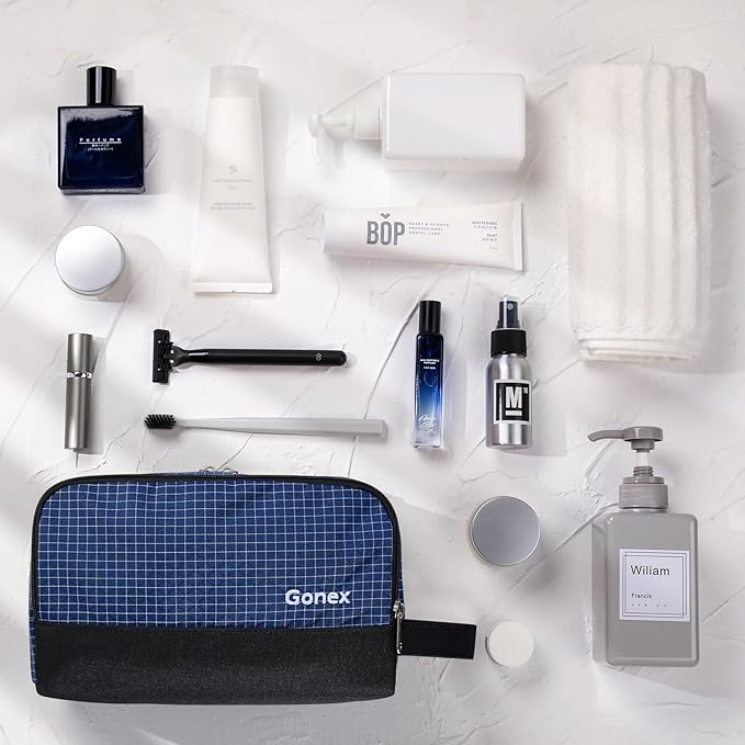 Gonex Travel Toiletry Bag Nylon, Shaving Bag Toiletry Organizer Check Patten (Navy Blue)