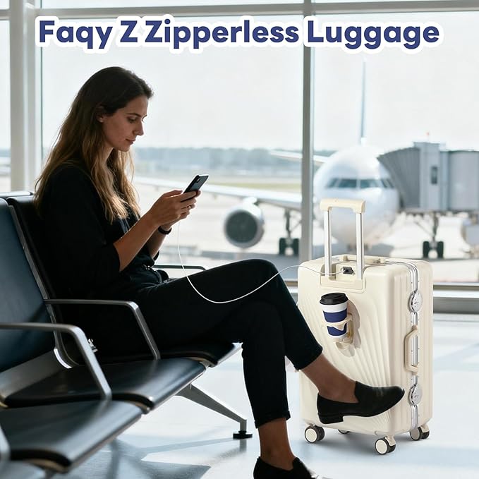 20 Inch Carry On Luggage, Zipperless Luggage with Spinner Wheels, Airline Approved Suitcase with Cup Holder, TSA Lock and USB Charger for Travel, Ivory White